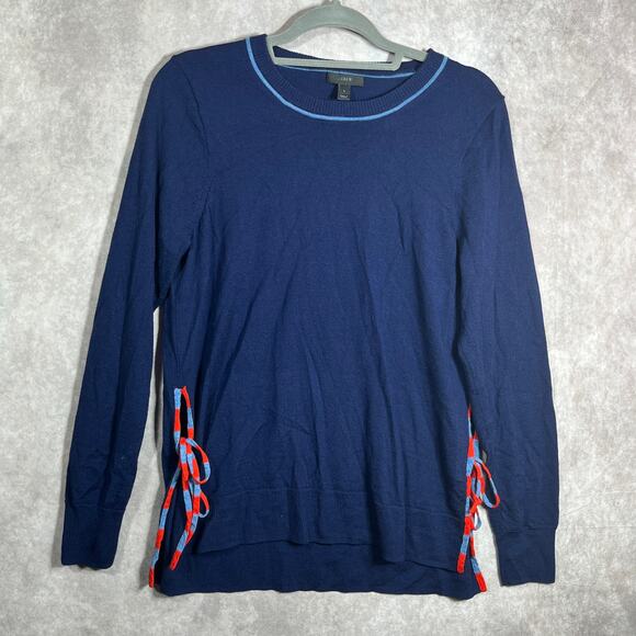 J Crew Merino Wool Sweater Womens Large Blue Knit Tie Side Casual Preppy Classic - Picture 2 of 11